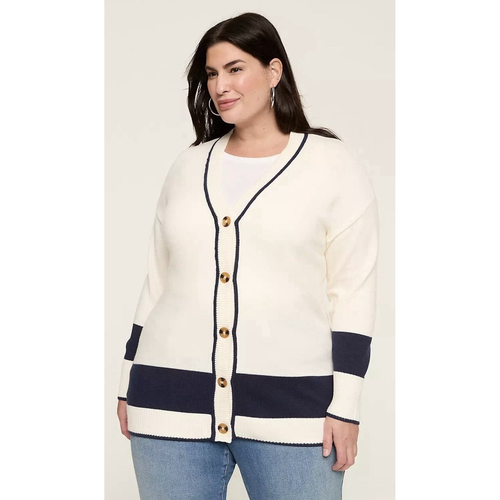 Lane Bryant Colorblock Cardigan Sweater Cream Navy Preppy Academia Plus Sz 22/24